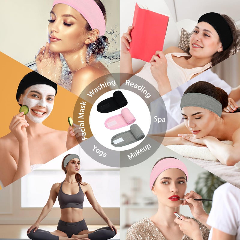 Pejnl 3 Pack Facial Spa Headband for Women - Adjustable, Non-Slip Terry Cloth Headband for Washing Face, Makeup, and Shower - Soft and Stretchable Hair Wrap - Image 4