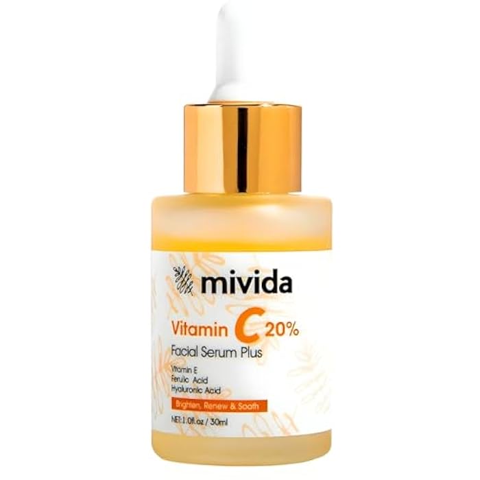 mivida 20% Vitamin C Serum for Face, Anti-Aging & Brightening Serum | W/Hyaluronic & Ferulic Acid, Vit E | Reduces Wrinkles, Fine Lines, Dark Spots & Hyperpigmentation, Maximum Strength Formula, 1floz - Image 1