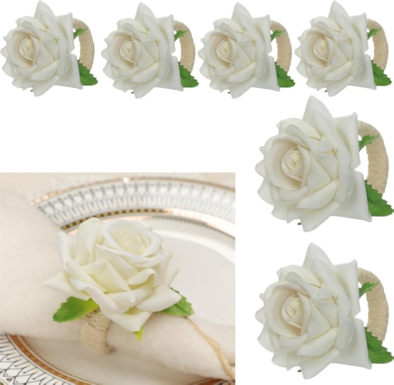 Artificia Rose Flower Napkin Rings with Pearl, Handcraft Floral Napkin Holder for Wedding Birthday Banquet Table Decoration Christmas Thanksgiving (White, 6PCS)
