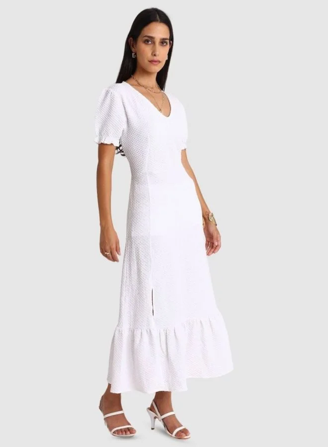 Freehand  Women Fit and Flared Textured V-Neck Short Sleeve Maxi Dress for Women | Best Price UAE