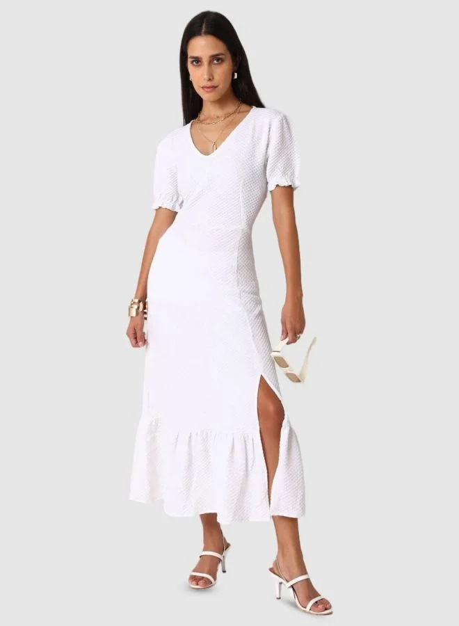 Freehand  Women Fit and Flared Textured V-Neck Short Sleeve Maxi Dress for Women | Best Price UAE