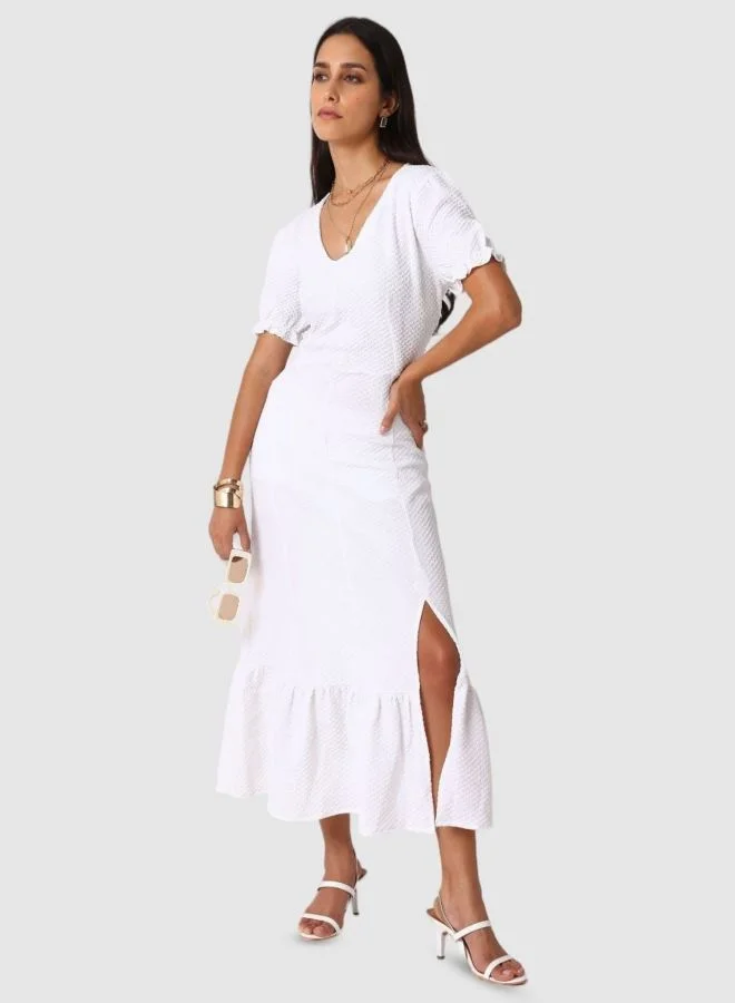 Freehand  Women Fit and Flared Textured V-Neck Short Sleeve Maxi Dress for Women | Best Price UAE