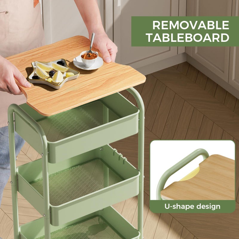 johgee 3 Tier Rolling Cart with Table top, Metal Rolling Utility Cart, Sturdy Storage Organizer Cart with Locking Wheels & Hooks for Office, Classroom, Kitchen and Bathroom - Image 3