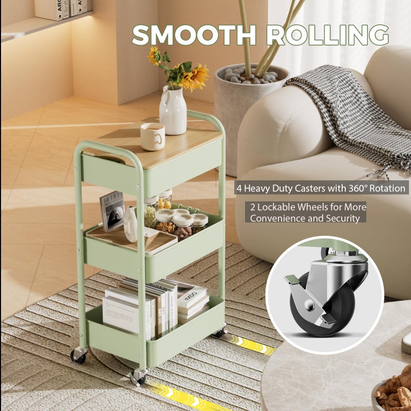 johgee 3 Tier Rolling Cart with Table top, Metal Rolling Utility Cart, Sturdy Storage Organizer Cart with Locking Wheels & Hooks for Office, Classroom, Kitchen and Bathroom - Image 5