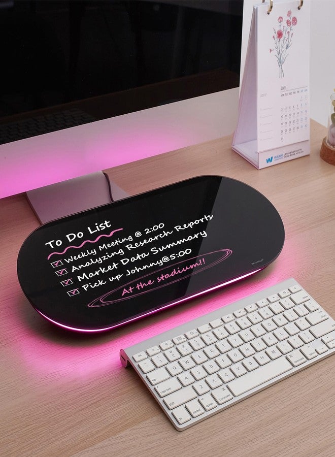 TSJ OFFICE Glass Desktop Whiteboard - 17 X 7 Inches Small Dry Erase Board with Pink Light, Black Glass White Board Surface Notepad with 1 Drawer, Desk Organizers for Office, Home, School Supplies