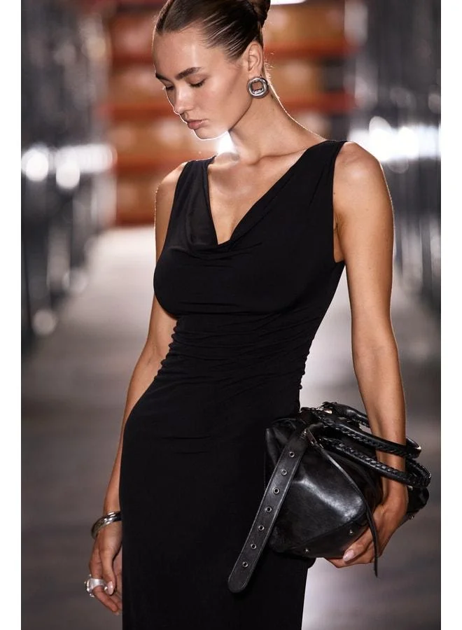 GRIMELANGE ANYA Women's Soft Flexible Fabric Body-Fitting Dress with Pleated Details and Degage Neckline in Black.