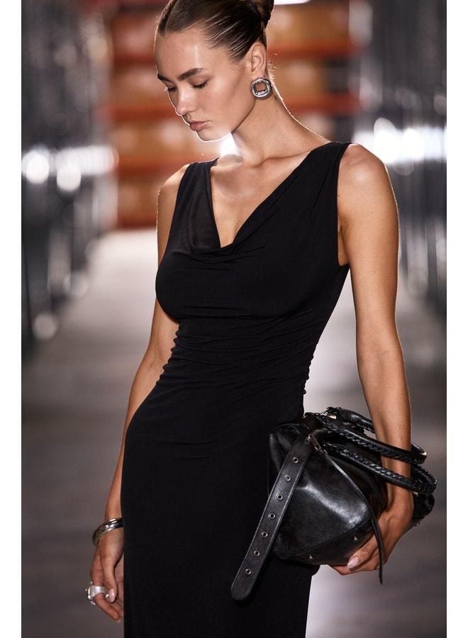 GRIMELANGE ANYA Women's Soft Flexible Fabric Body-Fitting Dress with Pleated Details and Degage Neckline in Black. - Image 1