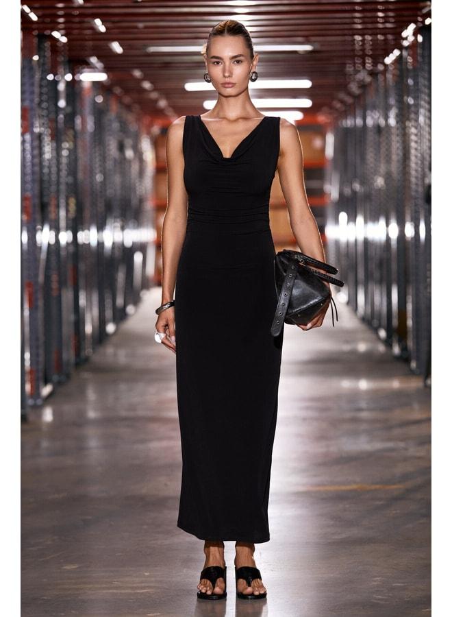 GRIMELANGE ANYA Women's Soft Flexible Fabric Body-Fitting Dress with Pleated Details and Degage Neckline in Black. - Image 3