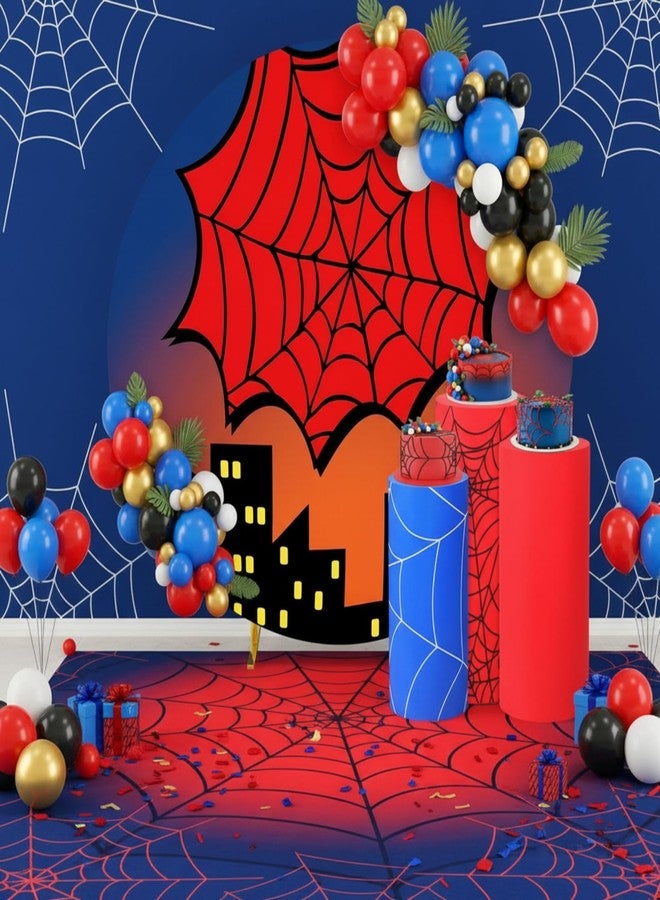 Mindsoft مجموعة Mindsoft من 3 أغطية حامل أسطواني من الإسباندكس بتصميم شبكة العنكبوت للحفلات، أغطية قواعد أسطوانية باللونين الأحمر والأزرق، غطاء خلفية قلعة دائرية بطول 7.2 قدم لتزيين خلفية حفلات أعياد الميلاد وعرض طاولة الحلويات - Image 5