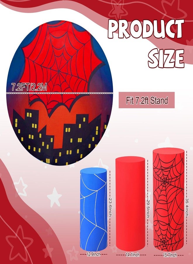 Mindsoft مجموعة Mindsoft من 3 أغطية حامل أسطواني من الإسباندكس بتصميم شبكة العنكبوت للحفلات، أغطية قواعد أسطوانية باللونين الأحمر والأزرق، غطاء خلفية قلعة دائرية بطول 7.2 قدم لتزيين خلفية حفلات أعياد الميلاد وعرض طاولة الحلويات - Image 2