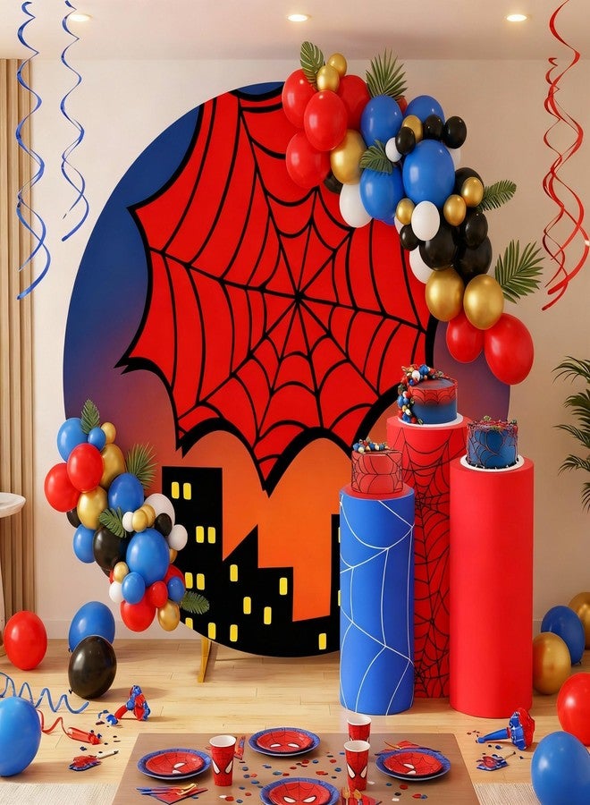 Mindsoft مجموعة Mindsoft من 3 أغطية حامل أسطواني من الإسباندكس بتصميم شبكة العنكبوت للحفلات، أغطية قواعد أسطوانية باللونين الأحمر والأزرق، غطاء خلفية قلعة دائرية بطول 7.2 قدم لتزيين خلفية حفلات أعياد الميلاد وعرض طاولة الحلويات - Image 1