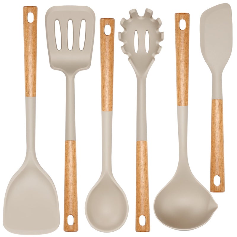 NCUE Kitchen Utensils Set, Large Non-stick Silicone Cooking Utensils Set 6 Pcs, Wooden Handle Heat Resistance Silicone Spatula Soup Ladle Pasta Server Kitchen Gadgets Utensils Set BPA Free (Khaki) - Image 1