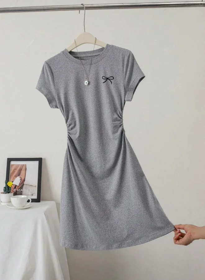 Grey Plain Mini T-Shirt Dress with Ruched Sides