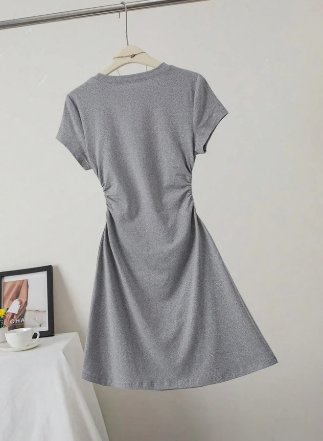 Take Two  Grey Plain Mini T-Shirt Dress with Ruched Sides for Women | Best Price UAE