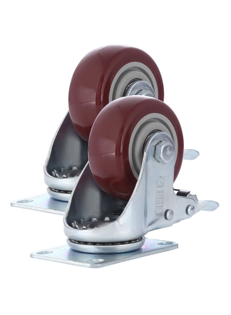 BMB tools 2-Piece 100mm Red PVC Medium Duty Ball Bearing Caster - Swivel with Brake - Plate - Image 1