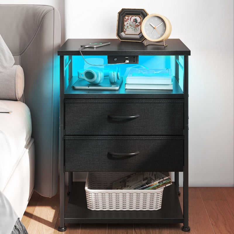 AODK Nightstand with Charging Station & LED Lights, 27.6" Tall Bedside Table with 4-Tier Storage, 2 Fabric Drawers & 2 Open Shelves, Space-Saving End Table for Bedroom, Black - Image 1