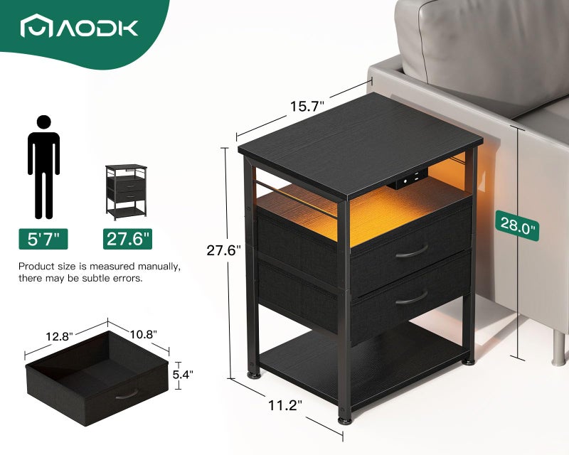 AODK Nightstand with Charging Station & LED Lights, 27.6" Tall Bedside Table with 4-Tier Storage, 2 Fabric Drawers & 2 Open Shelves, Space-Saving End Table for Bedroom, Black - Image 3