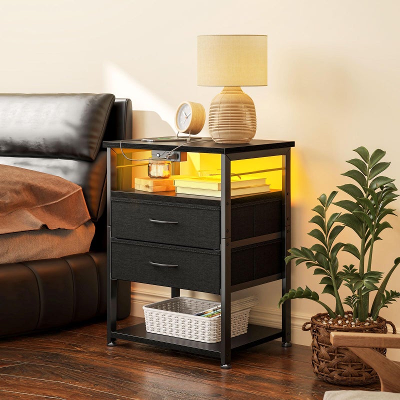 AODK Nightstand with Charging Station & LED Lights, 27.6" Tall Bedside Table with 4-Tier Storage, 2 Fabric Drawers & 2 Open Shelves, Space-Saving End Table for Bedroom, Black - Image 2