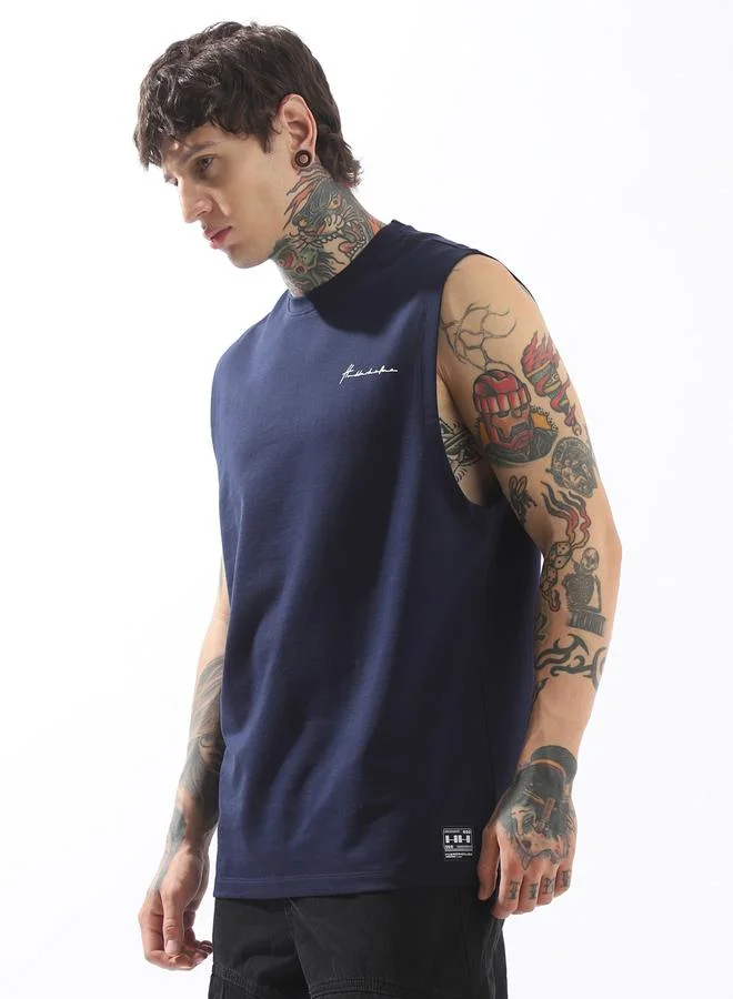 Hubberholme Men's Blue 100% Cotton Solid Pattern Tank Top Oversized T-Shirt