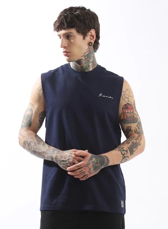 Hubberholme Men's Blue 100% Cotton Solid Pattern Tank Top Oversized T-Shirt