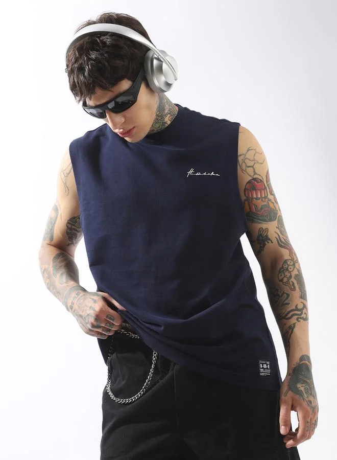 Hubberholme Men's Blue 100% Cotton Solid Pattern Tank Top Oversized T-Shirt
