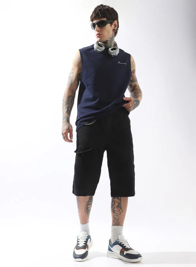 Hubberholme Men's Blue 100% Cotton Solid Pattern Tank Top Oversized T-Shirt