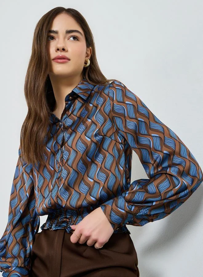 Styli Brown and Blue Wave Print Shirt