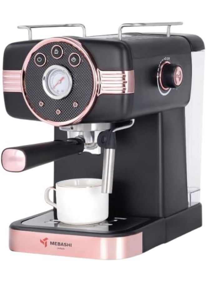 ماكينة قهوة إسبريسو ميباشي سعة 1.5 لتر، مضخة ضغط 20 بار، خزان مياه قابل للفصل (ME-ECM2046) (أسود) | 1100 واط