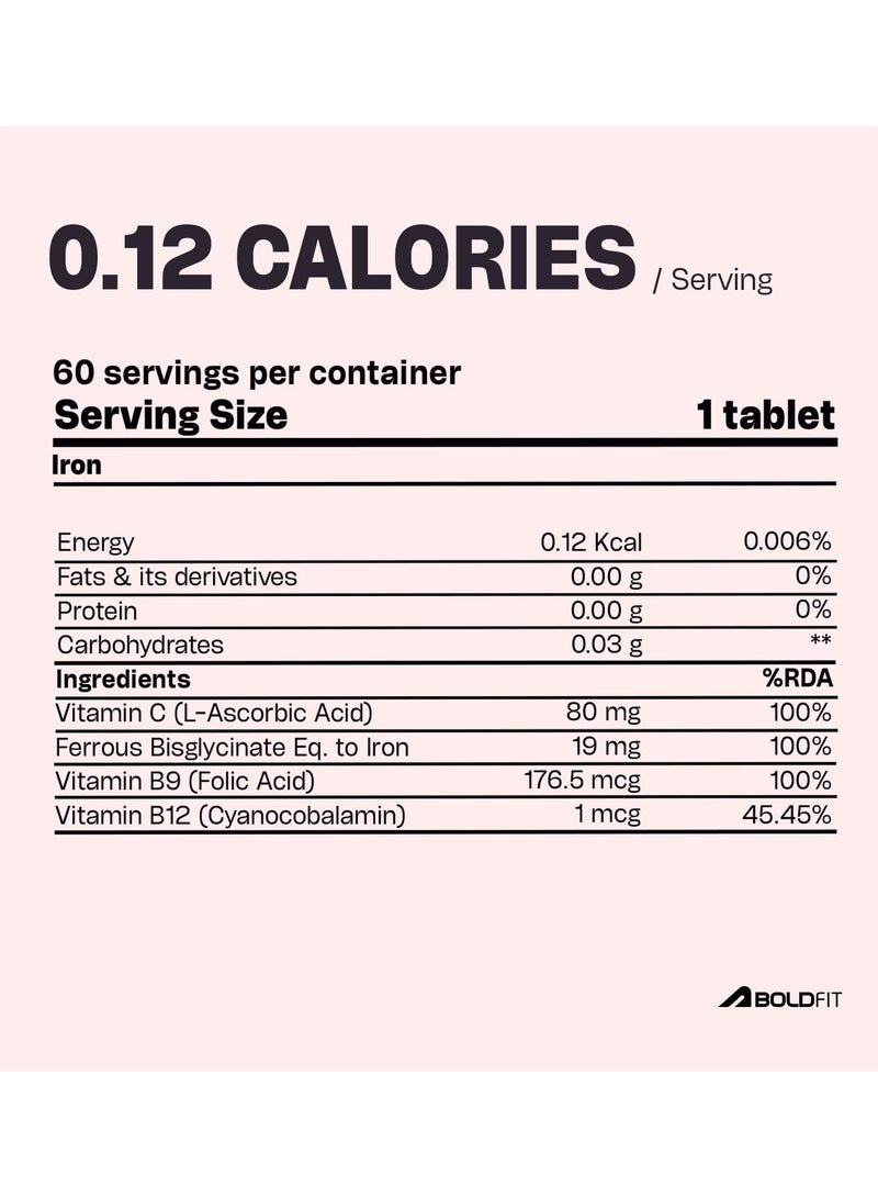 Boldfit Iron Supplement for Women & Men with Vitamin C, Folic Acid & Vitamin B12 - Iron Tablets for Men & Women Help Support Energy & Blood Building - 60 Veg Tablets - Image 2