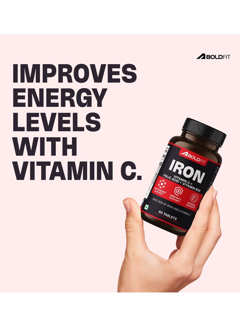 Boldfit Iron Supplement for Women & Men with Vitamin C, Folic Acid & Vitamin B12 - Iron Tablets for Men & Women Help Support Energy & Blood Building - 60 Veg Tablets - Image 3