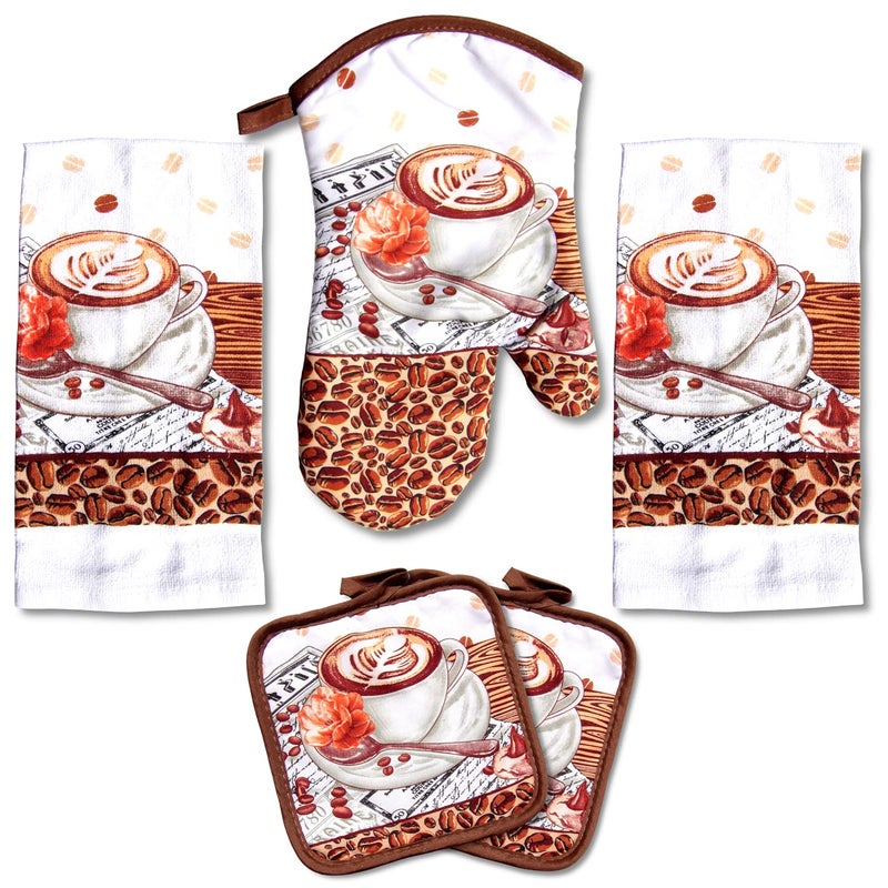 Lobyn Value Packs: 5-Piece CafÃ© Latte Kitchen Towel Set â€“ Quilted Oven Mitt & 2 Potholders, Perfect for Coffee Lovers - Image 1