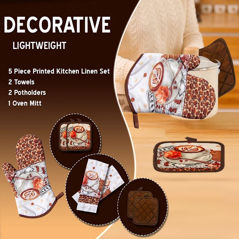 Lobyn Value Packs: 5-Piece CafÃ© Latte Kitchen Towel Set â€“ Quilted Oven Mitt & 2 Potholders, Perfect for Coffee Lovers - Image 2