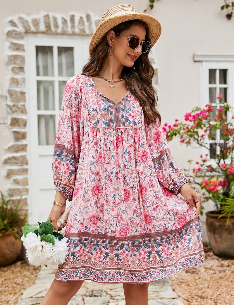 Bluetime Women Casual Summer Dress Boho V Neck 3/4 Sleeve Babydoll Floral Print Flowy Beach Dress (XL, Pink) - Image 3