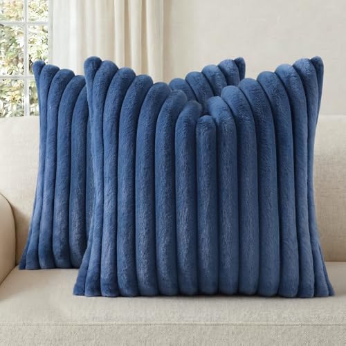 Pallene Faux Fur Plush Throw Pillow Covers 26x26 Set of 2 Luxury Soft Fluffy Striped Decorative Pillow Covers for Sofa Couch Living Room Navy Blue - Image 1