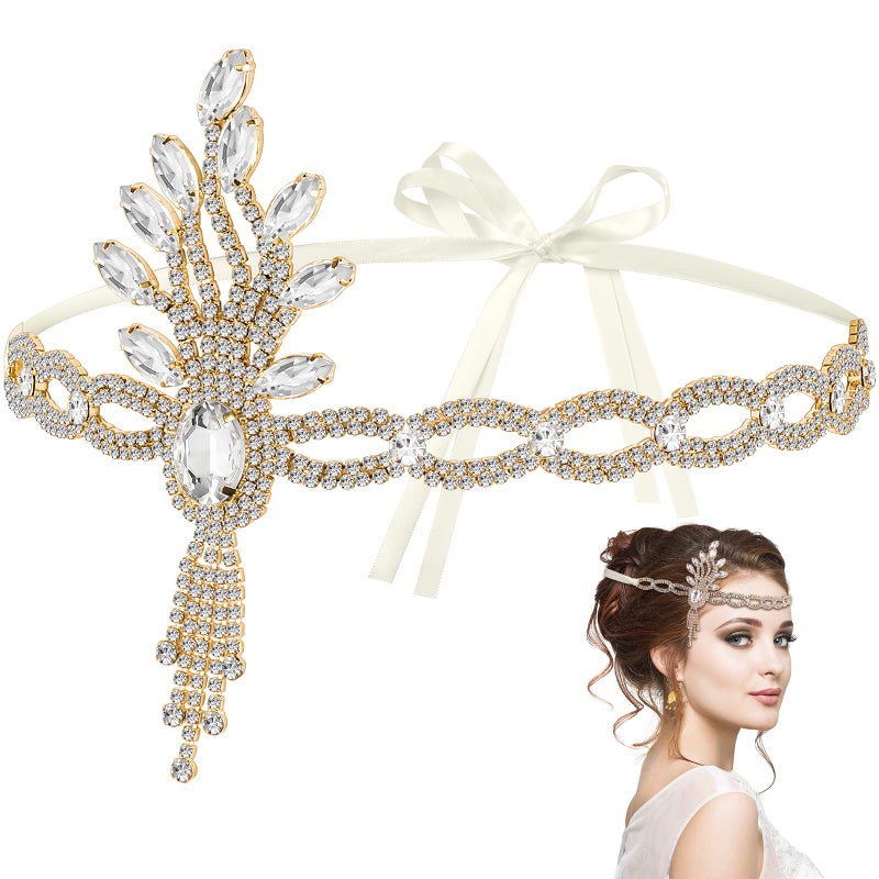 Lurrose 1920s Flapper Accessories Leaf Rhinestones Flapper Headpiece Great Accessories for Women Tassel Bride Wedding Head Bands Crystal Headband for Women Girls - Image 2