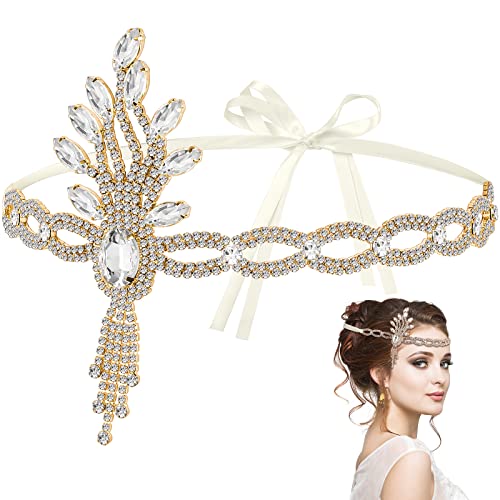 Lurrose 1920s Flapper Accessories Leaf Rhinestones Flapper Headpiece Great Accessories for Women Tassel Bride Wedding Head Bands Crystal Headband for Women Girls - Image 1