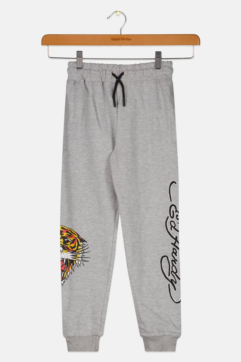 Ed Hardy سروال جوجر مزين بشعار للأطفال الأولاد، مزيج رمادي - Image 1