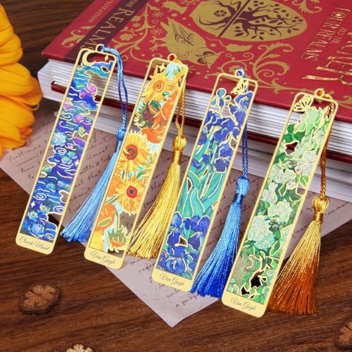 Fennec Mart 4PCS Metal Bookmarks with Tassel, Golden Hollow Bookmarks Set Oil Painting Theme, Elegant Vintage Metal Page Markers for Readers, Writers, Students, Men, Women & Book Lovers Gifts. - Image 1