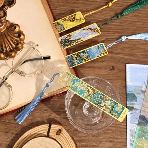 Fennec Mart 4PCS Metal Bookmarks with Tassel, Golden Hollow Bookmarks Set Oil Painting Theme, Elegant Vintage Metal Page Markers for Readers, Writers, Students, Men, Women & Book Lovers Gifts. - Image 5