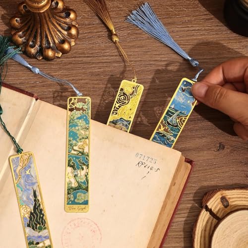 Fennec Mart 4PCS Metal Bookmarks with Tassel, Golden Hollow Bookmarks Set Oil Painting Theme, Elegant Vintage Metal Page Markers for Readers, Writers, Students, Men, Women & Book Lovers Gifts. - Image 2