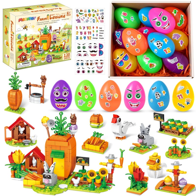 MOONTOY Easter Gifts for Kids 12 Easter Eggs with 12in1 Building Blocks Toys and 4 Stickers DIY Easter Basket Stuffers Party Favors for Boys Girls 6 7 8 9 Carrot Farm with Bunny Hen Tulips - Image 3