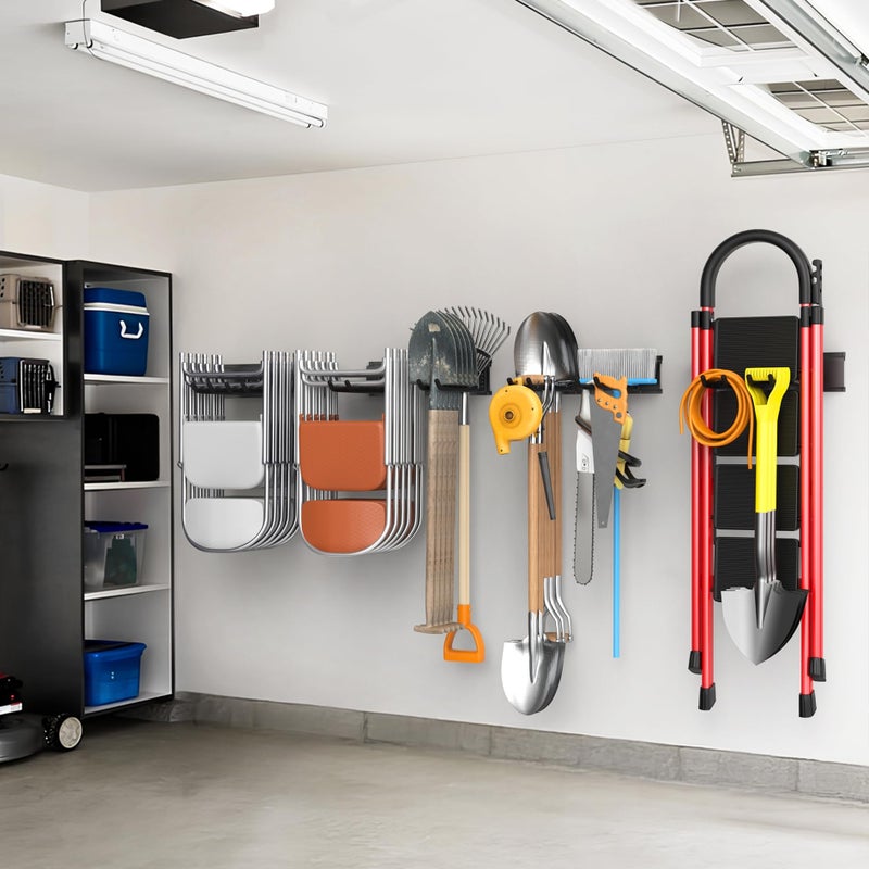 WALMANN Wall Mounted Garden Tool Organizer for Garage, Heavy Duty Folding Chair Storage Rack, 11-Inch Tools Storage Hooks for Shovels, Rakes, Ladders, Hold Up to 400 lbs(Tool Rack) - Image 2