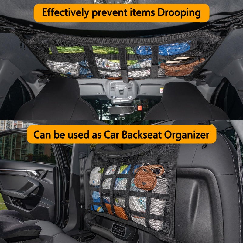 Bespeur Car Ceiling Cargo Net with 3 Pockets,31.5"x21.6" Reduce Sagging Car Storage Mesh Organizer,Double Layer Roof Mesh Camping Overlanding Gear Must Haves Cargo Net,Road Trip Essentials - Image 2