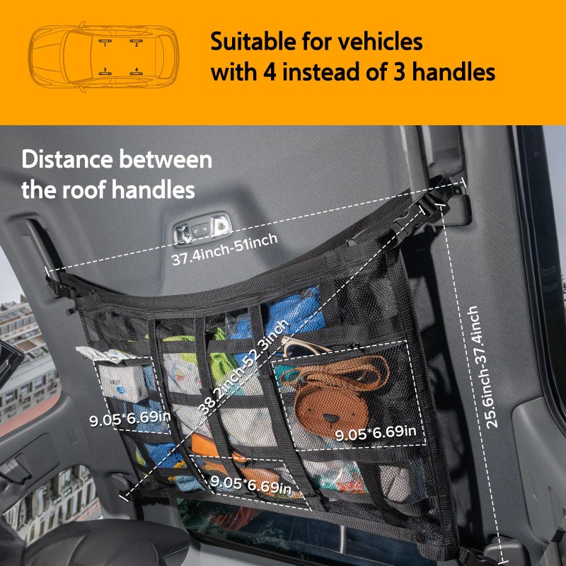 Bespeur Car Ceiling Cargo Net with 3 Pockets,31.5"x21.6" Reduce Sagging Car Storage Mesh Organizer,Double Layer Roof Mesh Camping Overlanding Gear Must Haves Cargo Net,Road Trip Essentials - Image 4