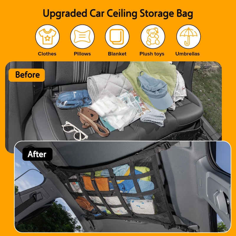 Bespeur Car Ceiling Cargo Net with 3 Pockets,31.5"x21.6" Reduce Sagging Car Storage Mesh Organizer,Double Layer Roof Mesh Camping Overlanding Gear Must Haves Cargo Net,Road Trip Essentials - Image 5