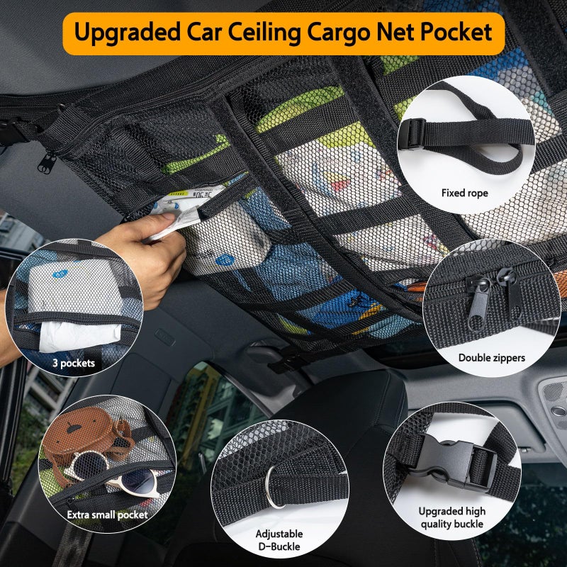 Bespeur Car Ceiling Cargo Net with 3 Pockets,31.5"x21.6" Reduce Sagging Car Storage Mesh Organizer,Double Layer Roof Mesh Camping Overlanding Gear Must Haves Cargo Net,Road Trip Essentials - Image 3