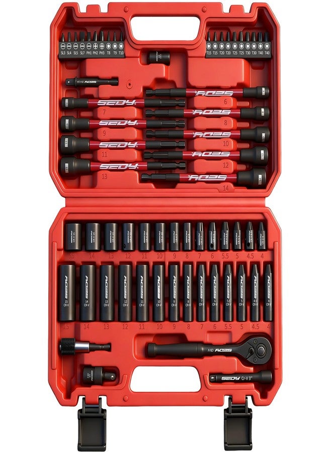 SEDY 63-Piece Metric 1/4" Drive Socket Set & Nut Driver Set, Impact Standard & Deep Socket Set (4-15mm), 1/4" Hex Shank 6" Magnetic Nut Drivers, Extension Bar, Quick-Release Ratchet handle, Universal Joint - Image 1