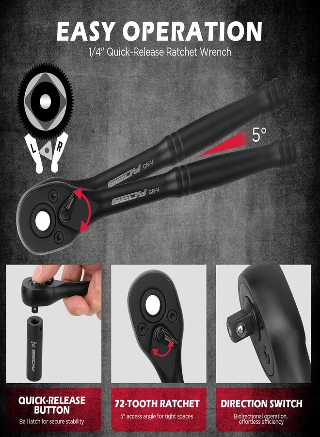 SEDY 63-Piece Metric 1/4" Drive Socket Set & Nut Driver Set, Impact Standard & Deep Socket Set (4-15mm), 1/4" Hex Shank 6" Magnetic Nut Drivers, Extension Bar, Quick-Release Ratchet handle, Universal Joint - Image 4