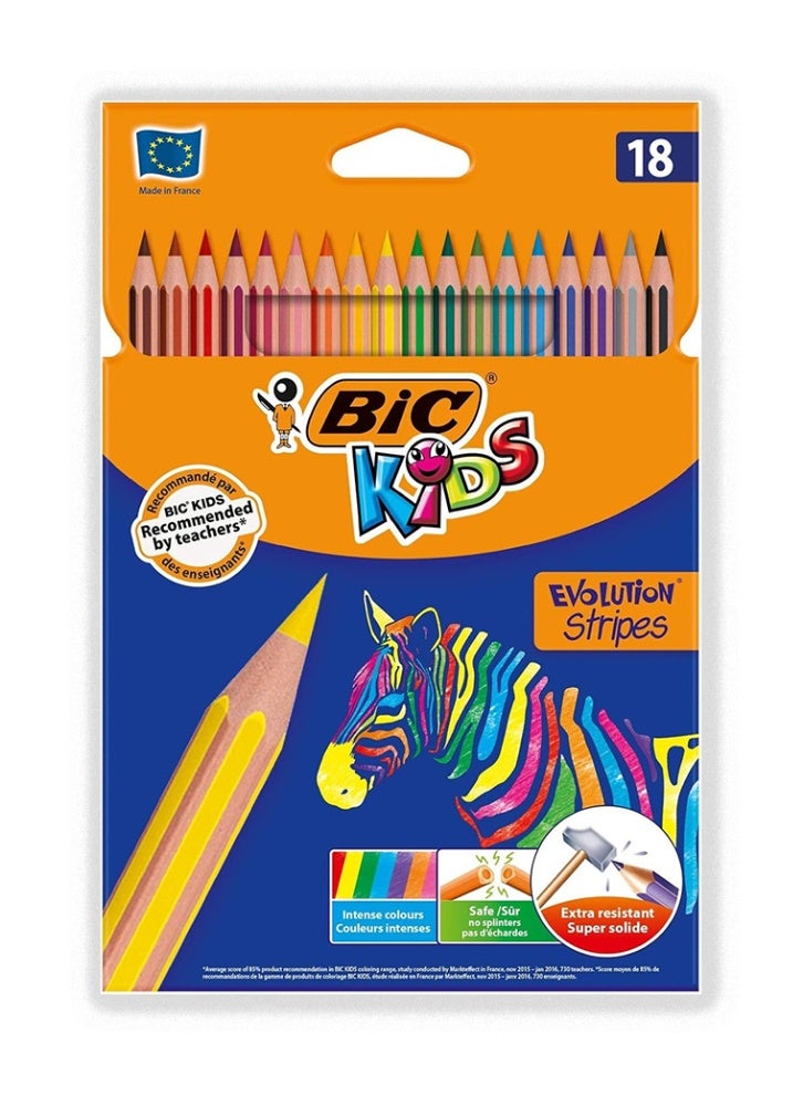 BIC Kids Evolution Stripes Colouring Pencils, Easy to Sharpen, Assorted Colours (Pack Of 18) - Image 1