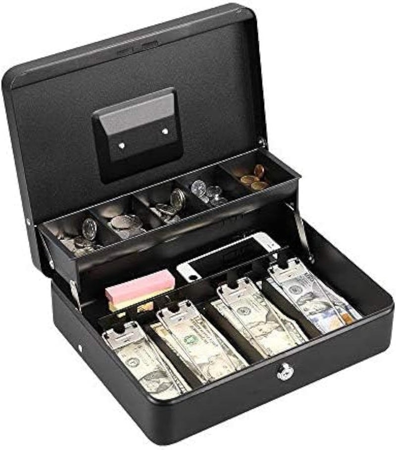 Excefore Large Metal Cash Box With Key Lock - Secure Money, Coin, And Note Security Box, 30 Cm X 24 Cm X 9 Cm, Black - With 5 Compartments & Money Tray - Image 1